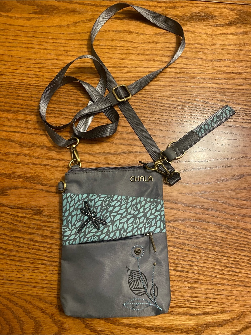 Chala Gray small Crossbody cell📱 Purse with Dragonfly & leaf design Embroidery